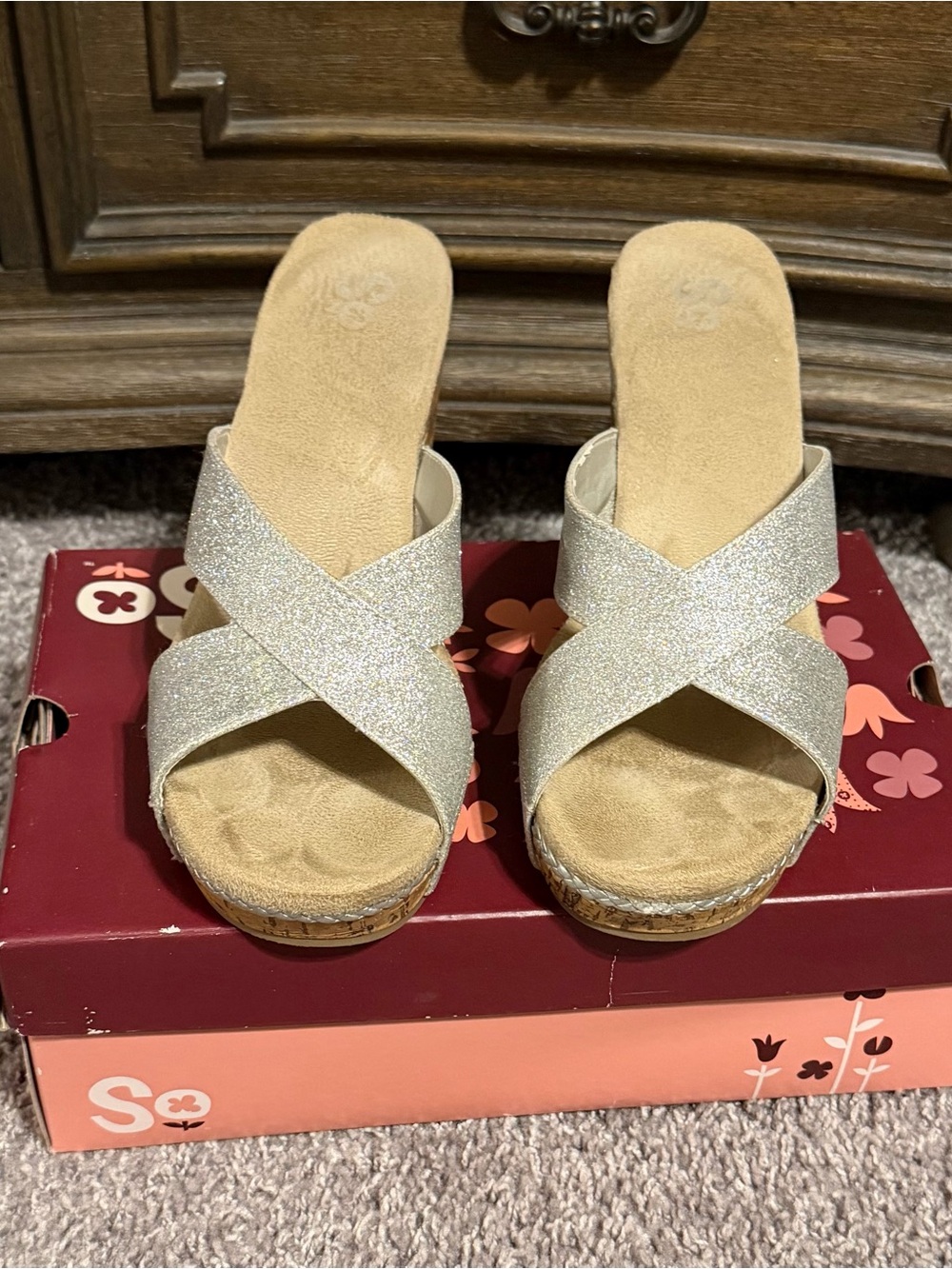 SO Glitter Cross-Strap Wedge Mules - Silver